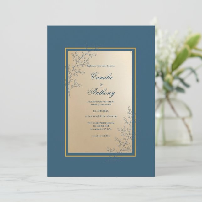 Navy Gold Rectangle Floral Boho Wedding Invitation (Standing Front)