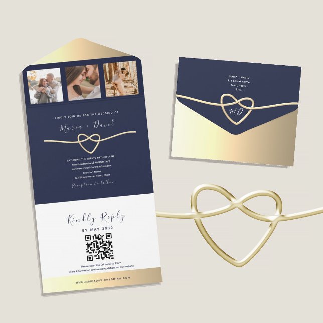 Navy Gold Rope Heart QR Wedding All In One Invitation (Creator Uploaded)
