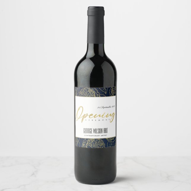 NAVY GOLD ROSE FLORAL GRAND OPENING CEREMONY WINE LABEL (Front)