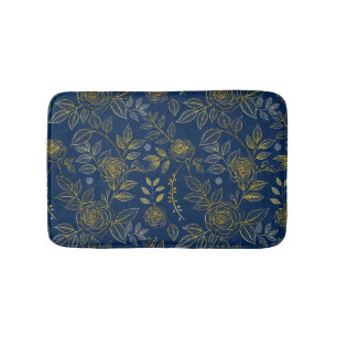 Navy & Gold Rose  – Seamless Botanical Pattern Bath Mat