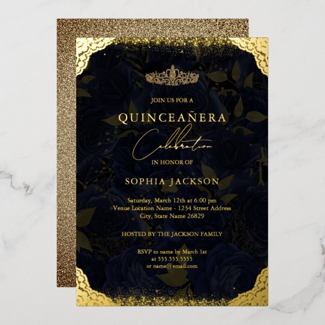 Navy Gold Rose Tiara Quinceanera Foil Invitation (Front/Back)