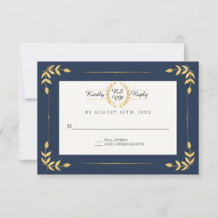 Navy Gold RSVP Modern Laurel Leaf Wreath Foliage Card
