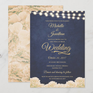 Navy Gold Rustic Chic Floral String Lights Wedding Invitation