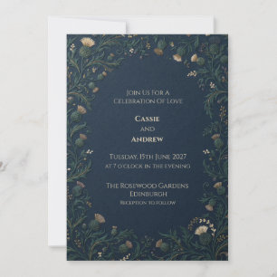 Navy Gold Scottish Thistle Wedding Invitation