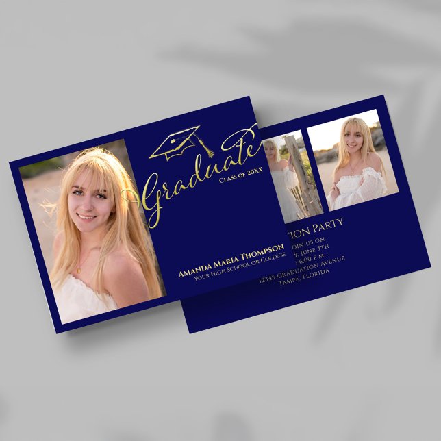 Navy Gold Script Multi Photo Graduation Party Invi Invitation (Navy blue and gold script graduation invitation with large portrait photo on the front.)