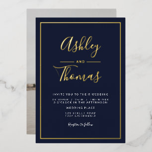 Navy gold script photo wedding geometric frame