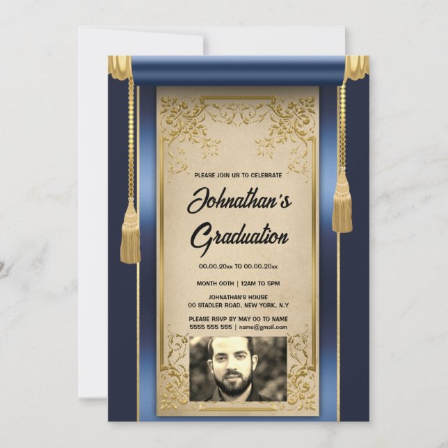 Navy gold scroll with photo men's graduation party invitation (Front)