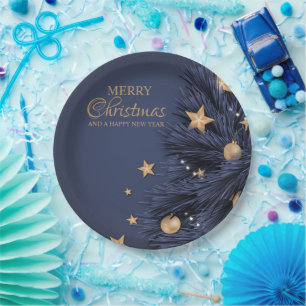 Navy Gold Simple Christmas Day 9"Round Paper Plate