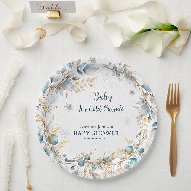 Navy Gold Snowflake Its Cold Outside Baby Shower Paper Plate (Creator Uploaded)
