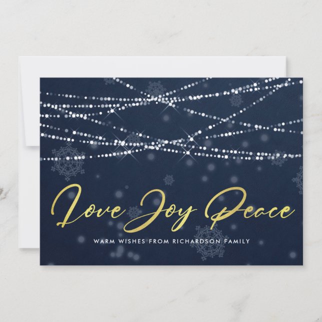 NAVY GOLD SNOWFLAKE LIGHT STRINGS LOVE JOY PEACE HOLIDAY CARD (Front)