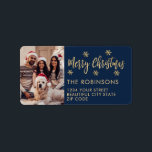 Navy Gold Snowflake Photo Christmas Return Address Label<br><div class="desc">Modern Navy and Gold Snowflake Photo Merry Christmas Script Holiday Christmas Return Address Labels. Features a „Merry Christmas” script,  one family photo,  snowflakes on navy blue background. Great for Christmas holiday season,  easy to personalize them with your names and return address info.</div>