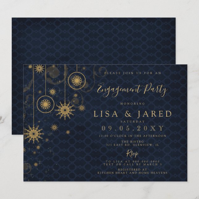 Navy Gold Snowflakes Winter Engagement Party  Invitation (Front/Back)