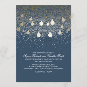 Navy Gold String Lights Glitter Vintage Wedding Invitation