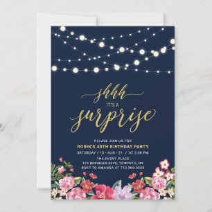 Navy & Gold String Lights Surprise Birthday Party Invitation