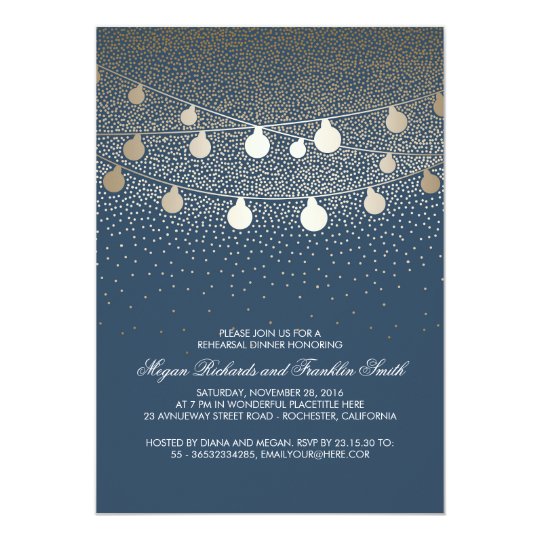 Navy Gold String Lights Vintage Rehearsal Dinner Card