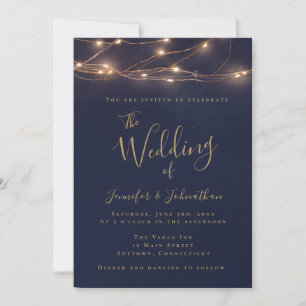 Navy Gold String Lights Wedding Invitations
