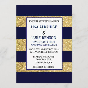 Navy Gold Stripe Wedding Invitation