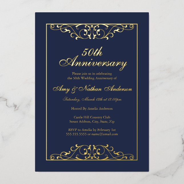Navy Gold Swirl 50th Wedding Anniversary  (Front)