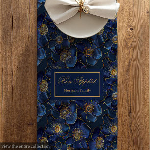Navy Gold Table Runner Modern Floral Custom Name