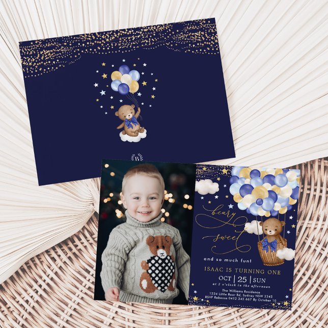 Navy Gold Teddy Bear Hot Air Balloon 1st Birthday Invitation (Creator Uploaded)