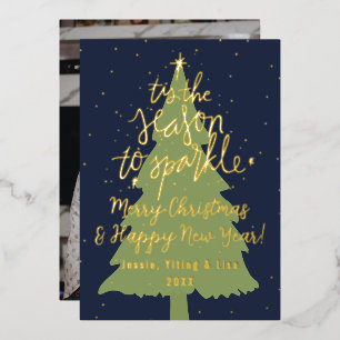 Navy Gold Tis The Season To Sparkle Christmas Tree Foil Holiday Card