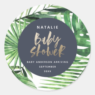 Navy gold tropical foliage modern baby shower classic round sticker
