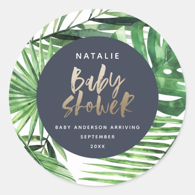 Navy gold tropical foliage modern baby shower classic round sticker (Front)