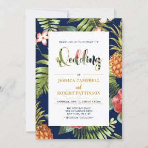 Navy & Gold Tropical Summer Wedding Invitation