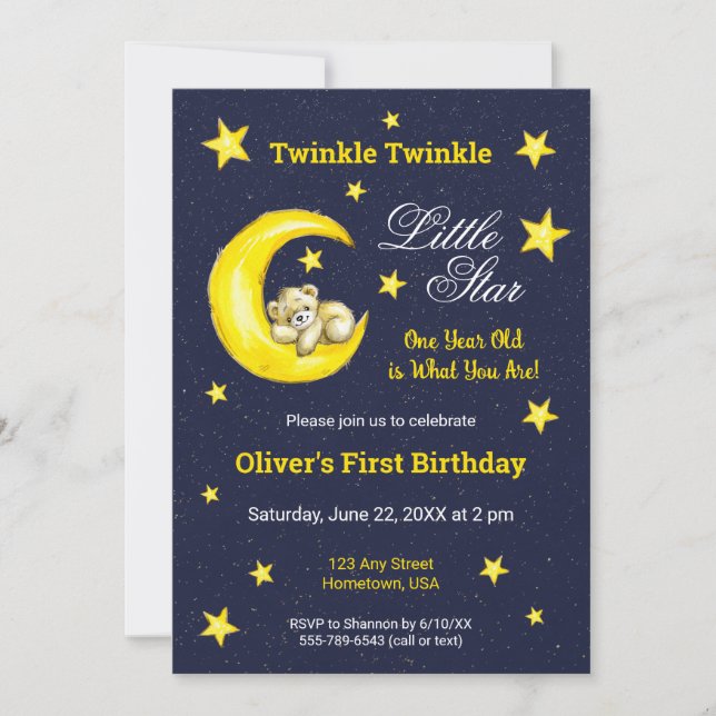 Navy Gold Twinkle Little Star Moon 1st Birthday Invitation (Front)