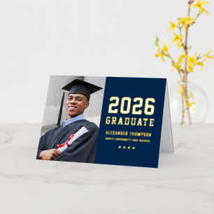 Navy Gold Varsity Graduation Photo Thank You Foil Greeting Card