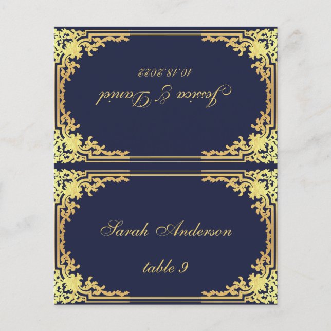 Navy Gold Vintage Printed Name Wedding Place Card (Front)