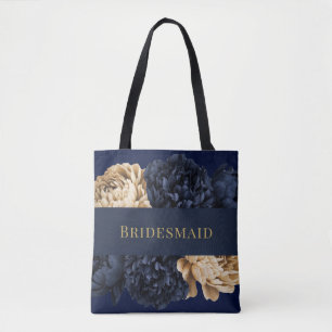 Navy Gold Watercolor Peony Bridesmaid Favour Gift Tote Bag