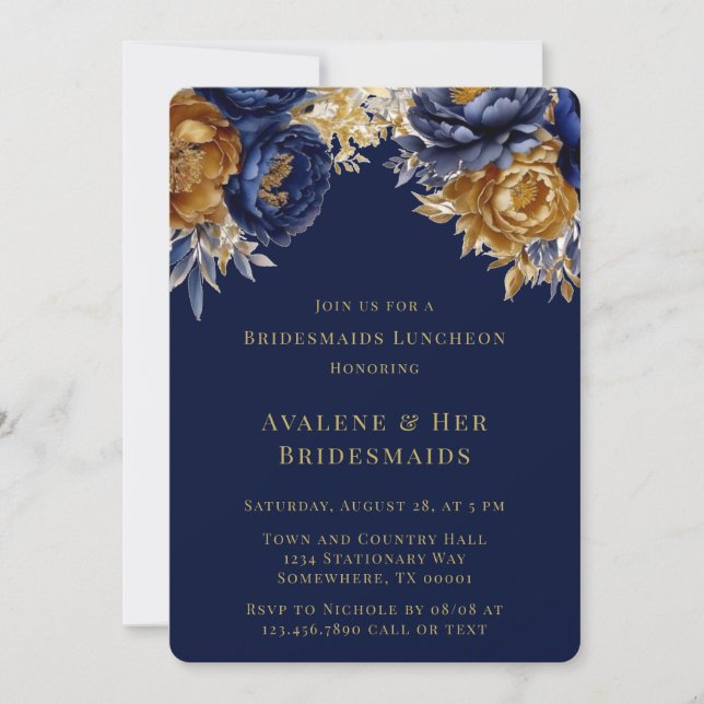 Navy Gold Watercolor Peony Bridesmaids Luncheon Invitation (Front)