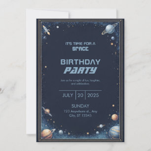 Navy Gold Watercolor Rocket Planet Border Birthday Invitation
