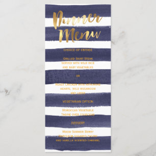 Navy Gold Watercolor Stripes Wedding Dinner Menu