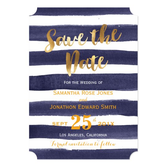 Navy Gold Watercolor Stripes Wedding Save the Date Card