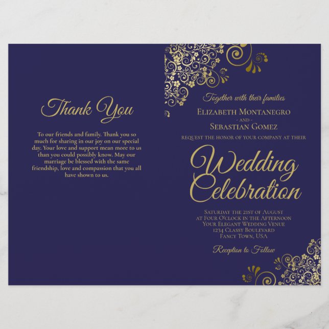 Navy & Gold Wedding Program Invitation Combo (Front)