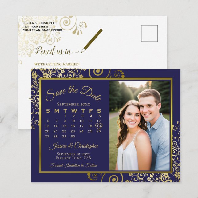 Navy & Gold Wedding Save the Date Calendar Photo Announcement Postcard (Front/Back)
