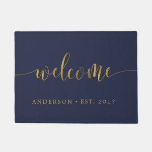 Navy Gold Welcome Calligraphy Personalized Doormat