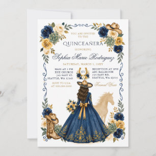 Navy Gold Western Horse Floral Charra Quinceañera Invitation