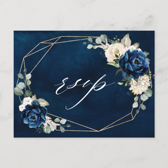 Navy Gold White Champagne Ivory Geometric RSVP Pos Postcard (Front)