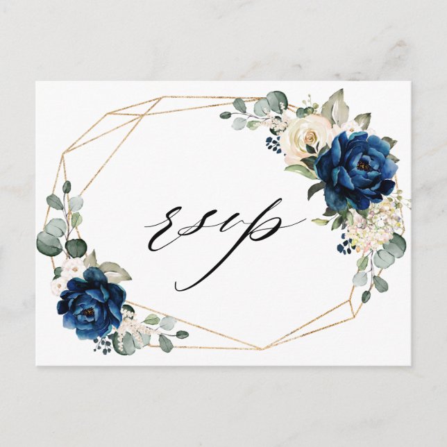 Navy Gold White Champagne Ivory Geometric RSVP Postcard (Front)