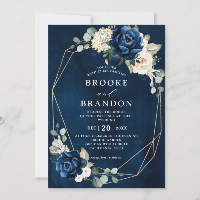 Navy Gold White Champagne Ivory Geometric Wedding  Invitation (Front)