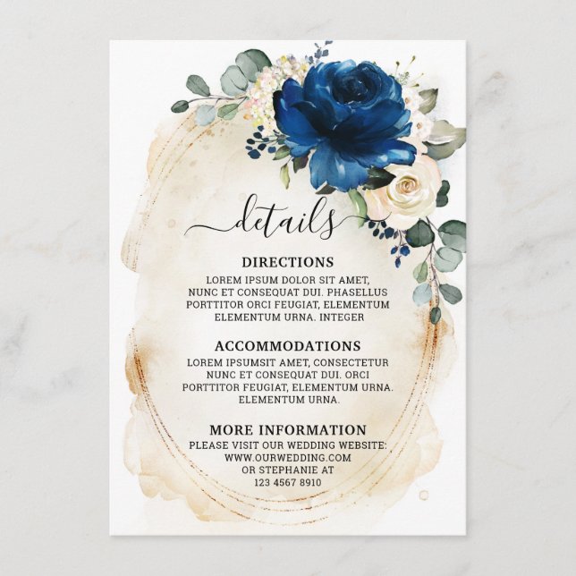 Navy Gold White Champagne Ivory Roses Details Enclosure Card (Front)