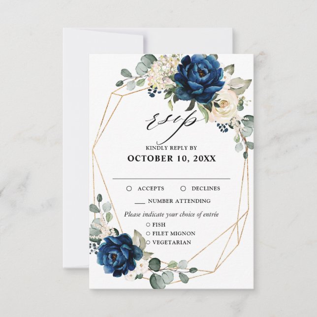 Navy Gold White Champagne Ivory Roses RSVP Card (Front)
