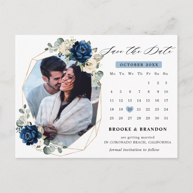 Navy Gold White Ivory Geometric Save the date Postcard (Front)