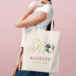 Navy Gold Wine Floral Custom Wedding Bridal Party Tote Bag