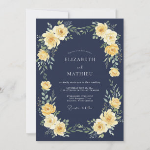 Navy Golden Bloom Flourish Wedding Invitation