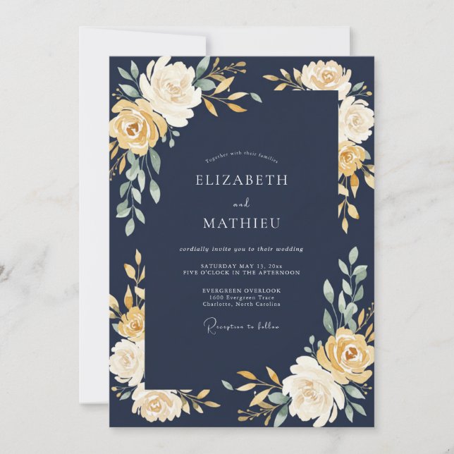 Navy Golden Bloom Romance Wedding Invitation (Front)