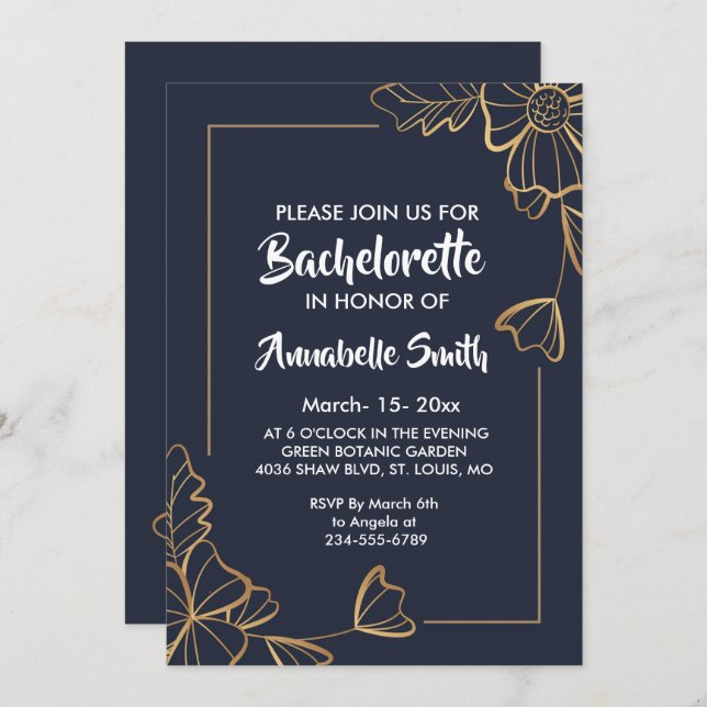 Navy & golden floral  bachelor invitation (Front/Back)